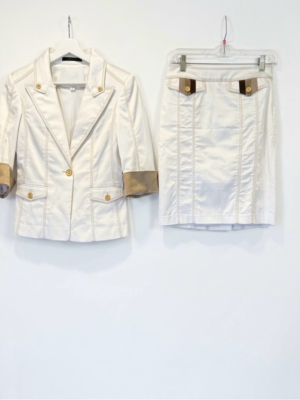 Bebe Collection Y2K Skirt Suit Set White Satin Blazer 8 Pencil Skirt 4 Italy